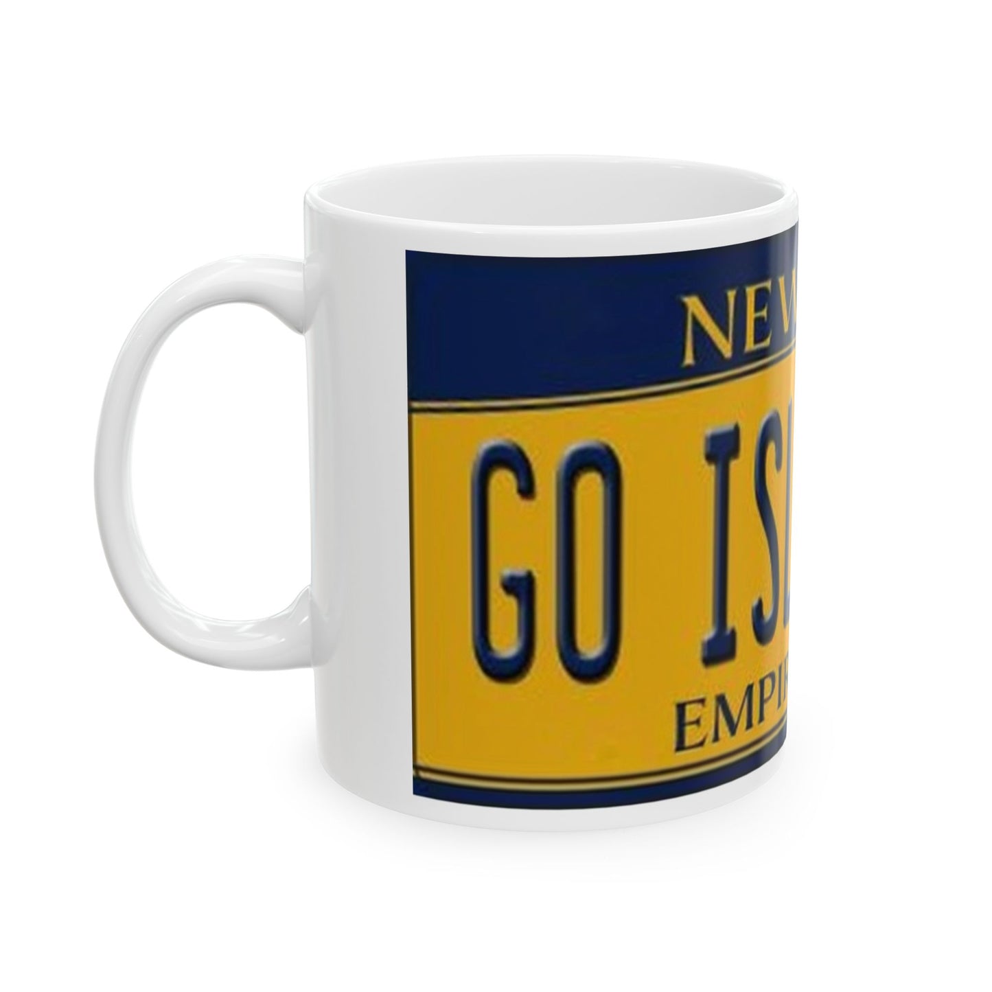 Left View Go Islanders NY State License Facade Ceramic Mug