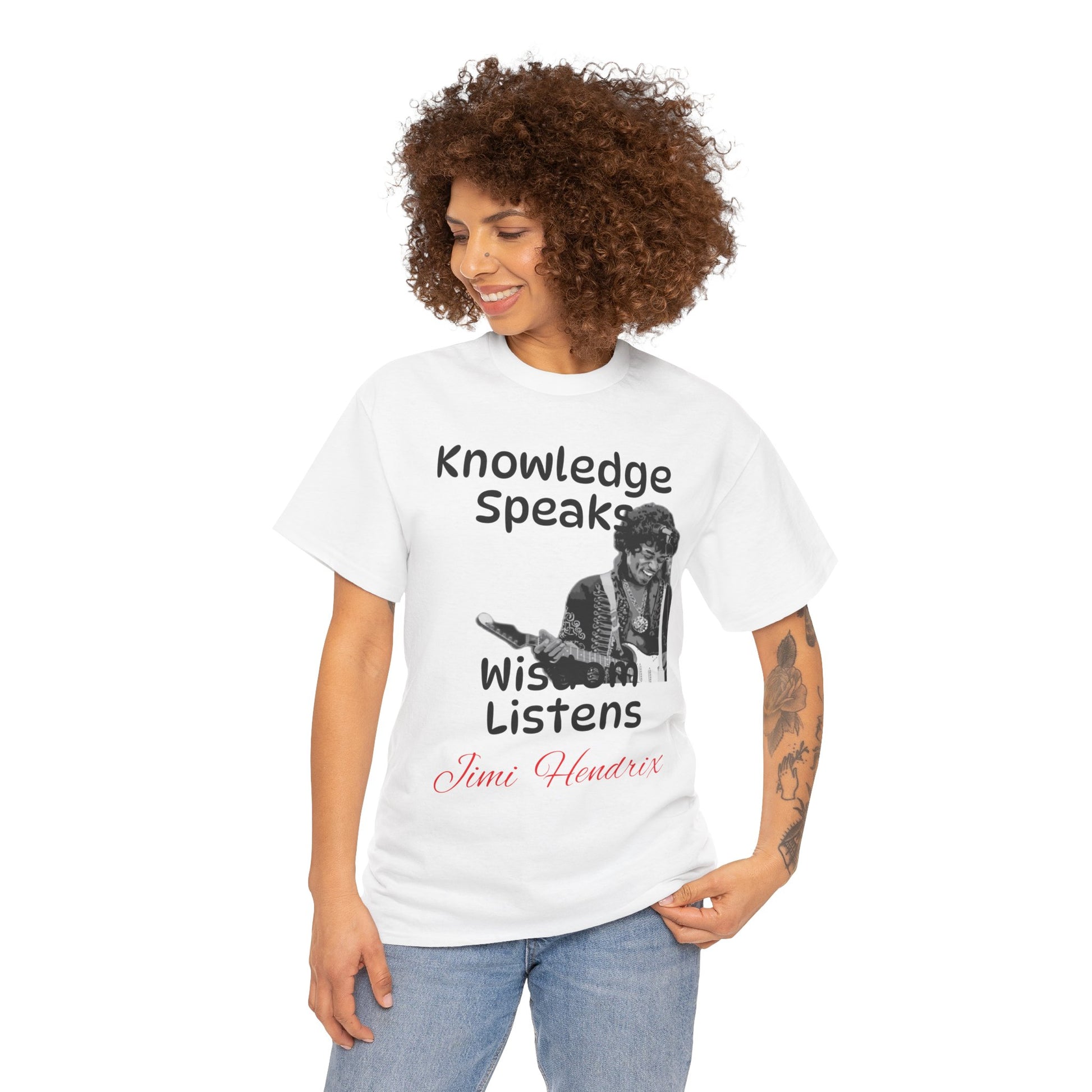 White Jimi Hendrix Knowledge Speaks Unisex Heavy Cotton Tee in use