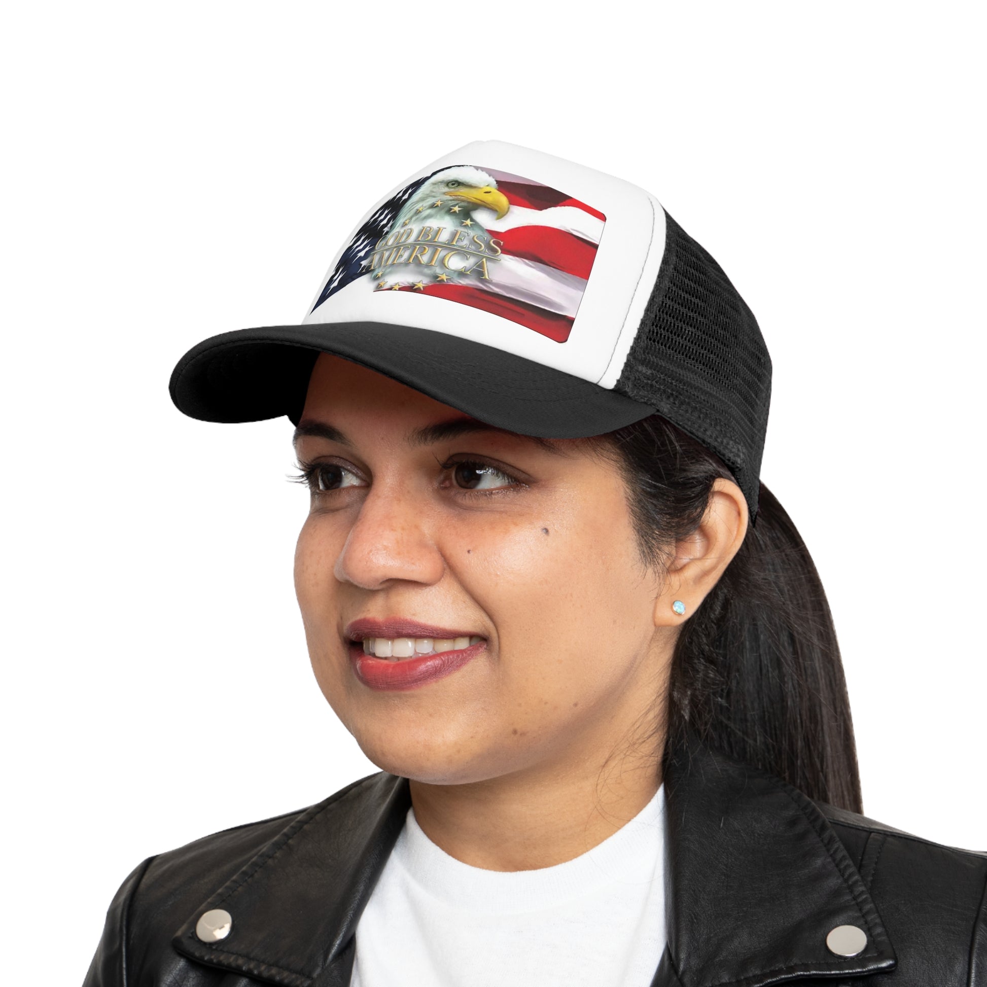 Model Wearing GOD Bless America US Flag and Eagle Mesh Ball Cap