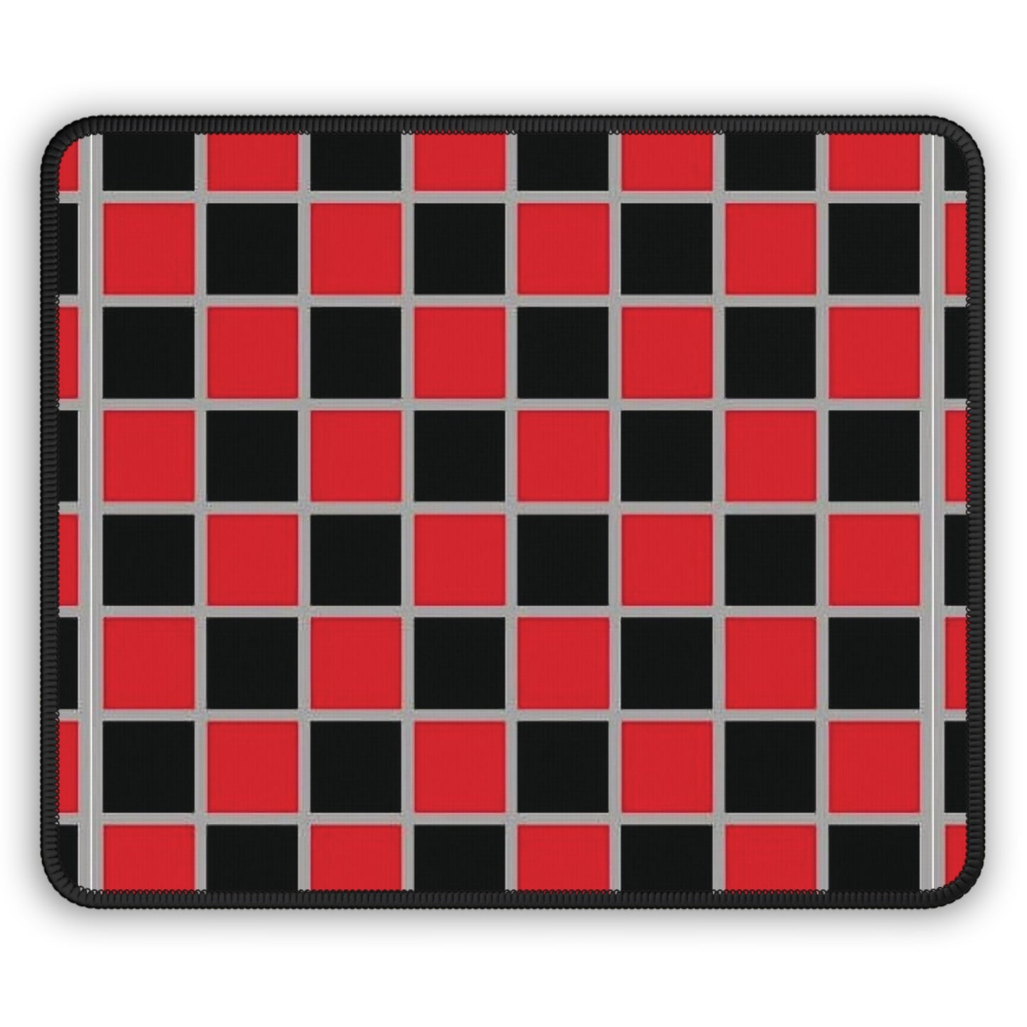 Checkered mouse pad with red and black squares on a white background