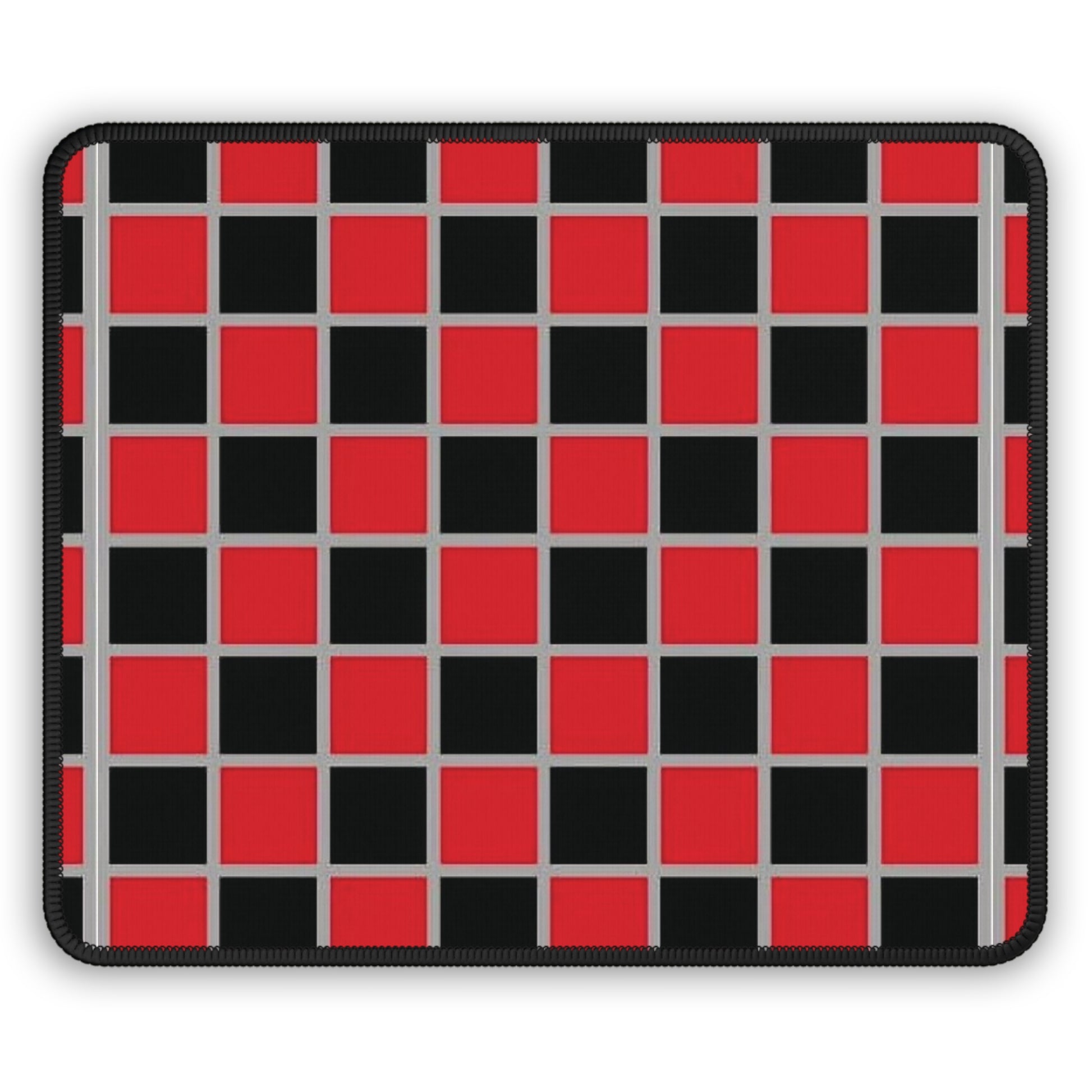 Checkered mouse pad with red and black squares on a white background