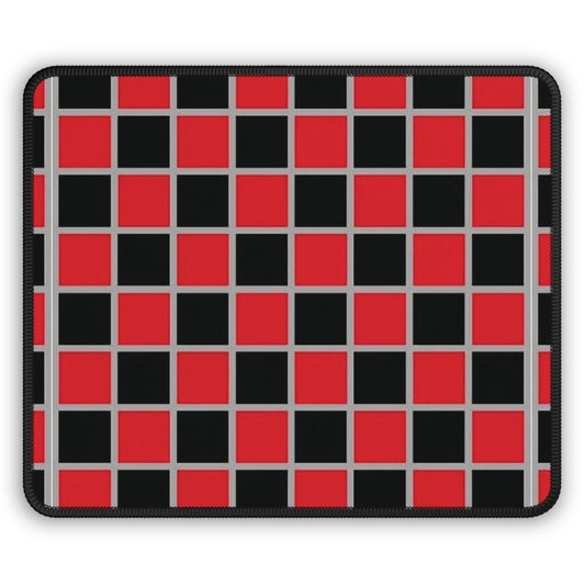 Checkered mouse pad with red and black squares on a white background