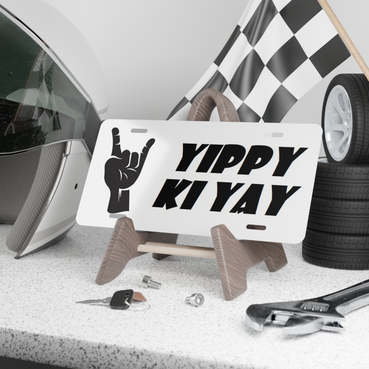 Yippy Ki Yay Vanity License Plate On Easel