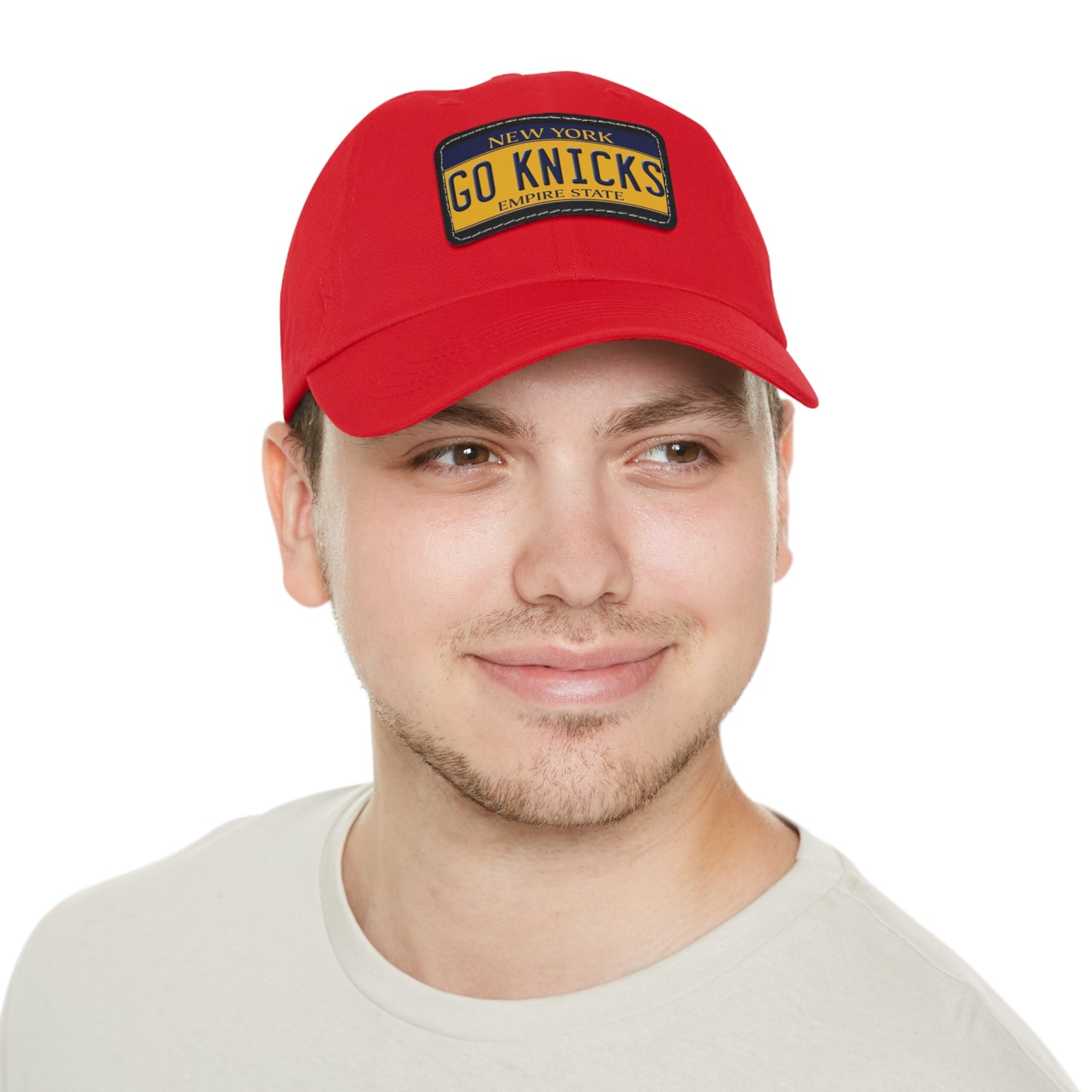 Red Go Knicks Hat with Leather Patch  On Male Model