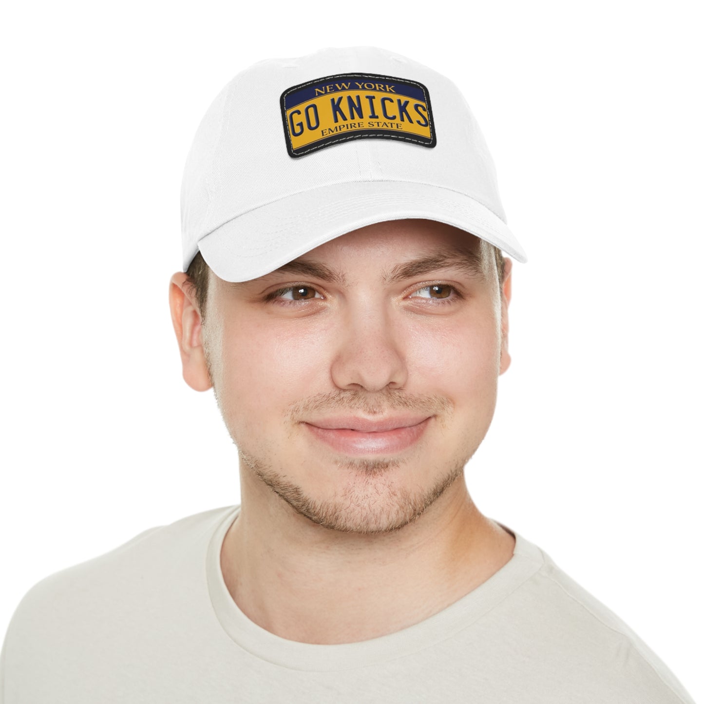 White Go Knicks Hat with Leather Patch  On Male Model