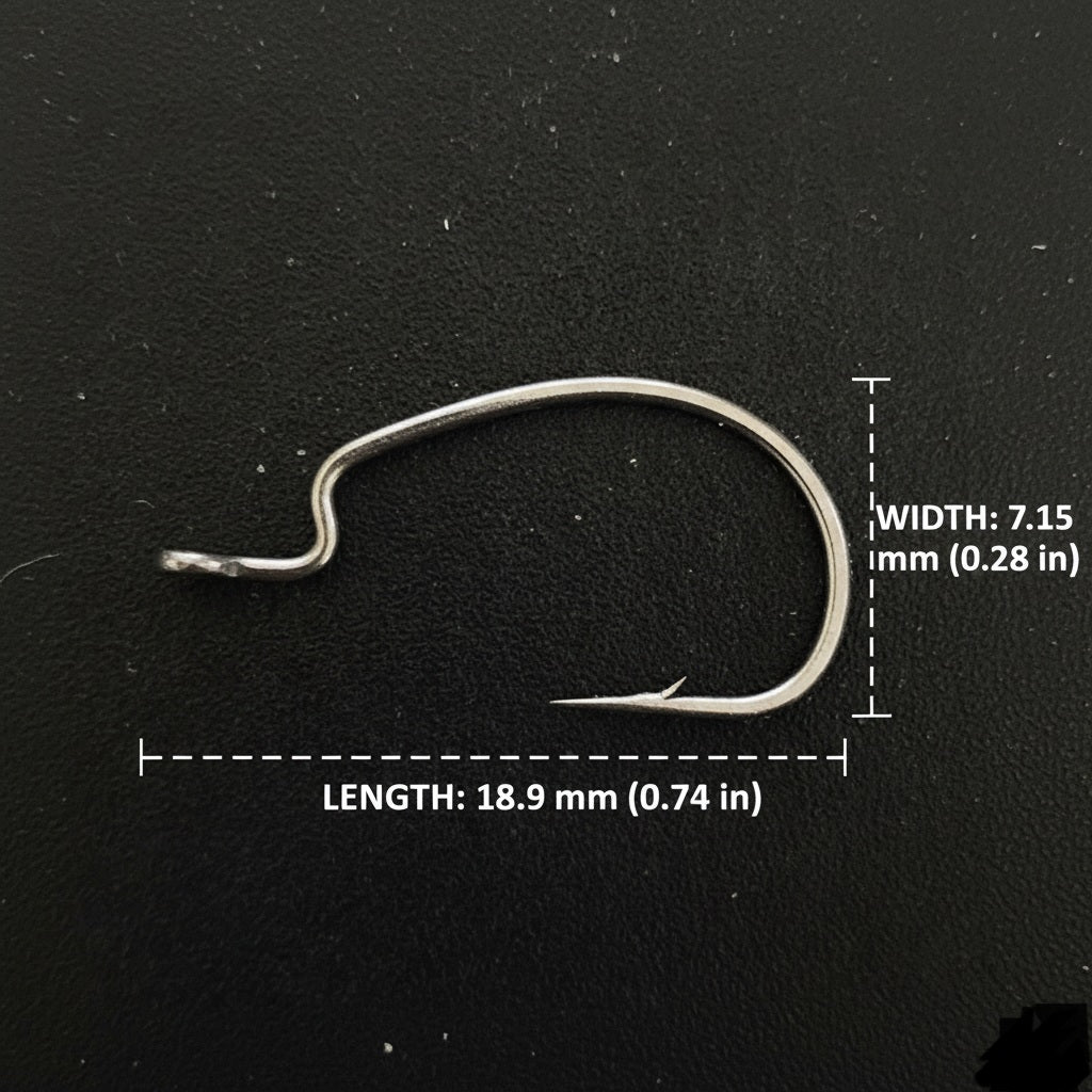 Fishing hook with measurements on a black background