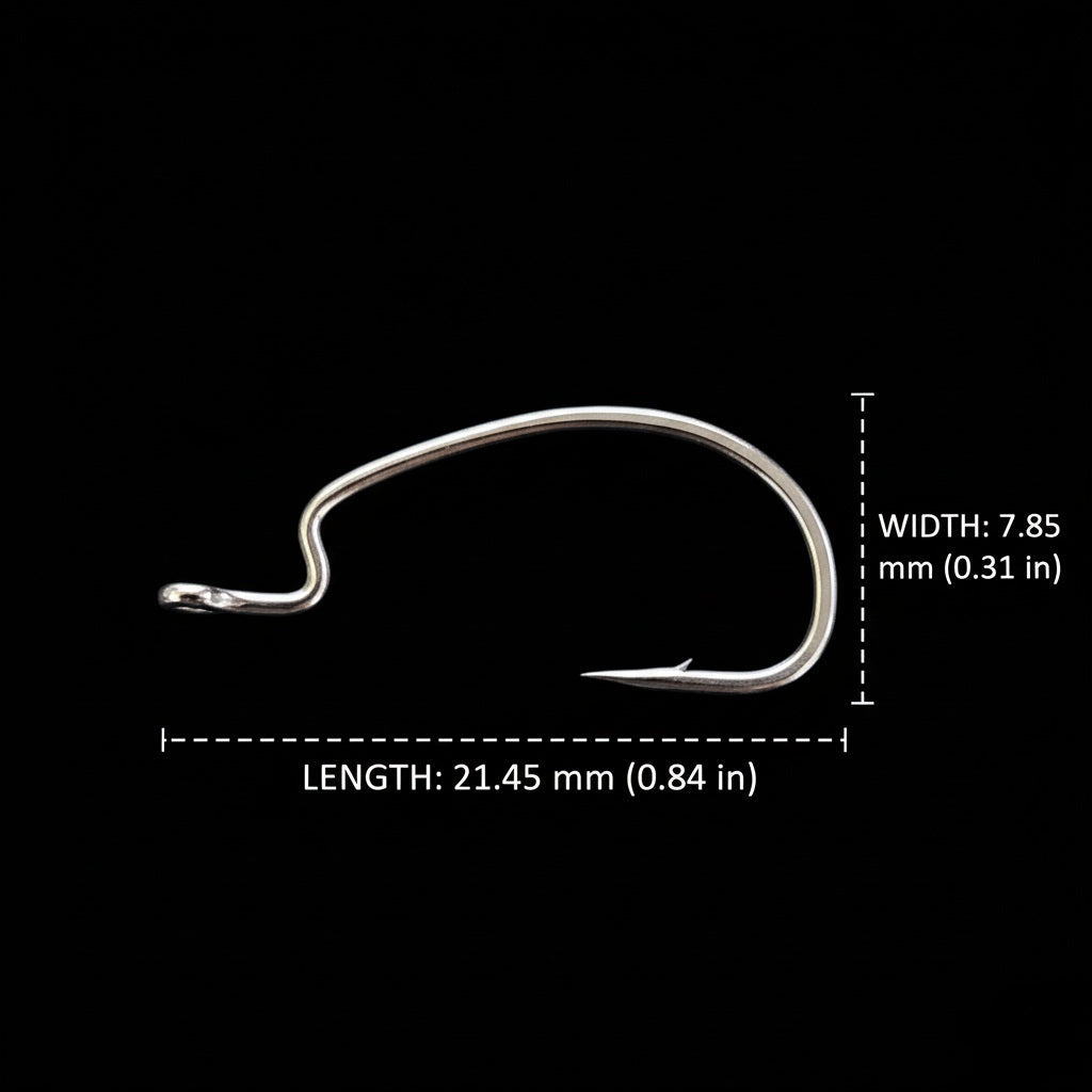 Fishing hook with measurements on a black background