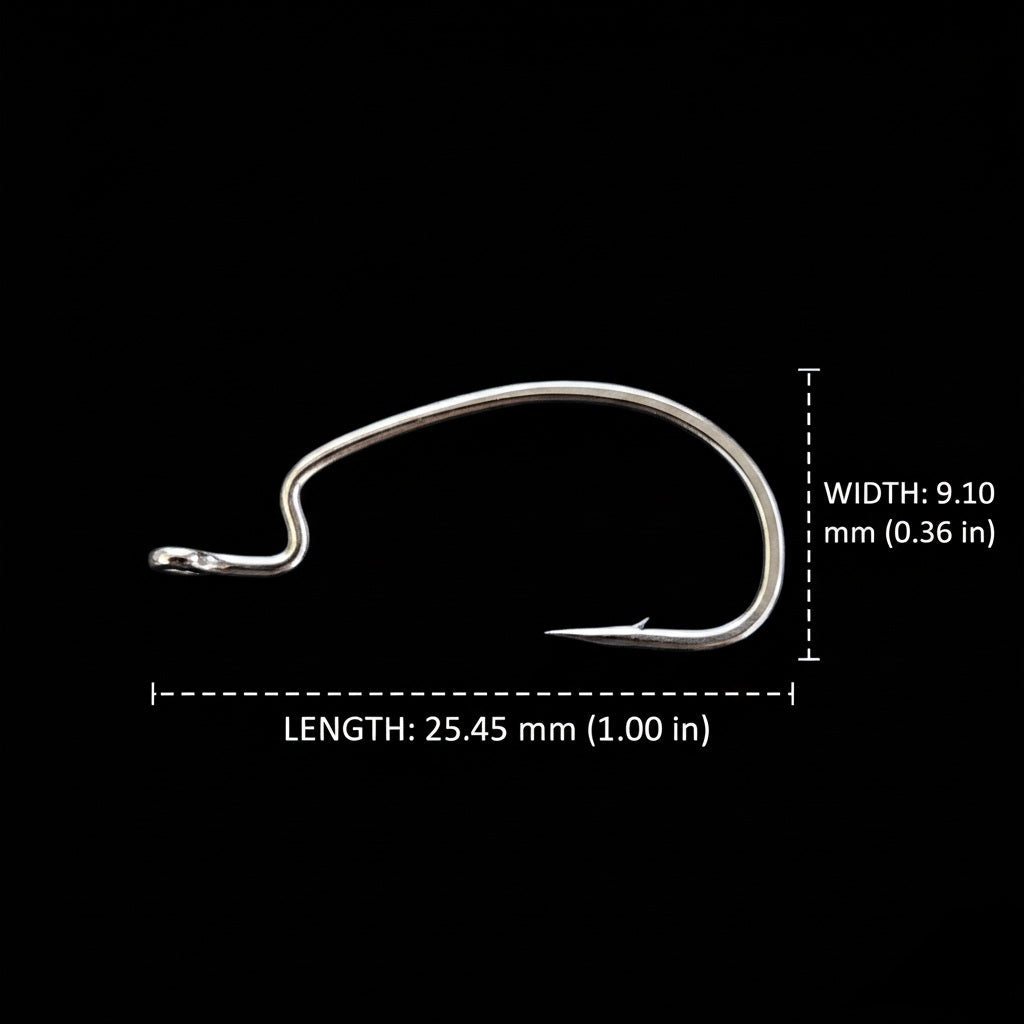 Fishing hook with measurements on a black background