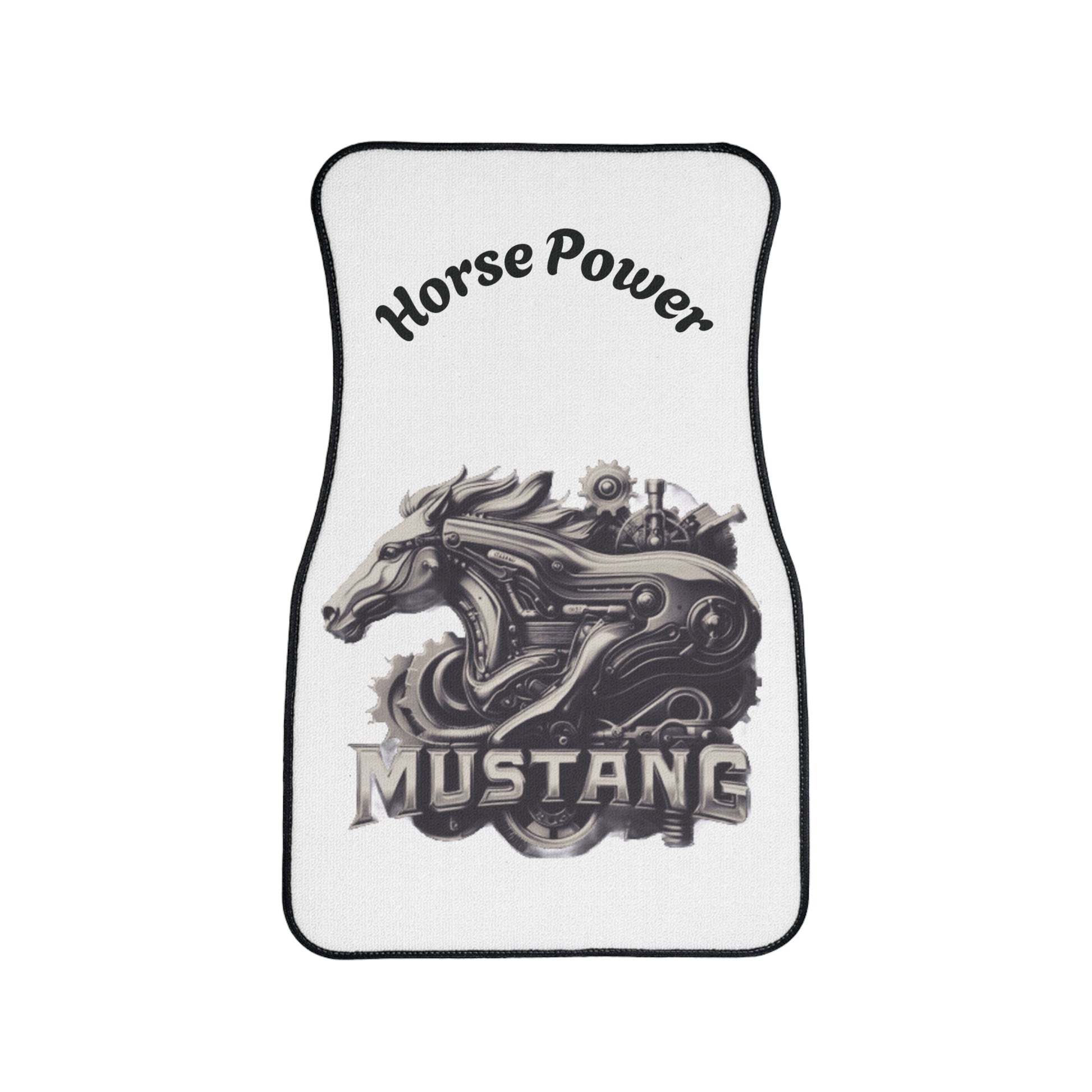 A white car floor mat with a black border, featuring a steampunk-style horse graphic and the words 'Horse Power' and 'MUSTANG'.