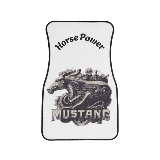 A white car floor mat with a black border, featuring a steampunk-style horse graphic and the words 'Horse Power' and 'MUSTANG'.