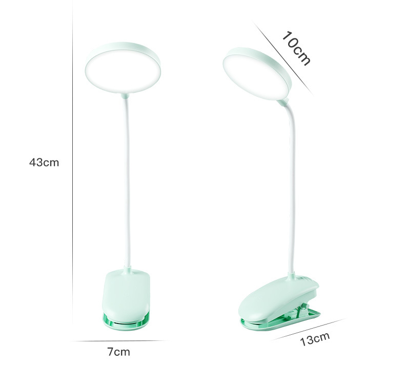 Mint green desk lamp with dimensions labeled on a white background