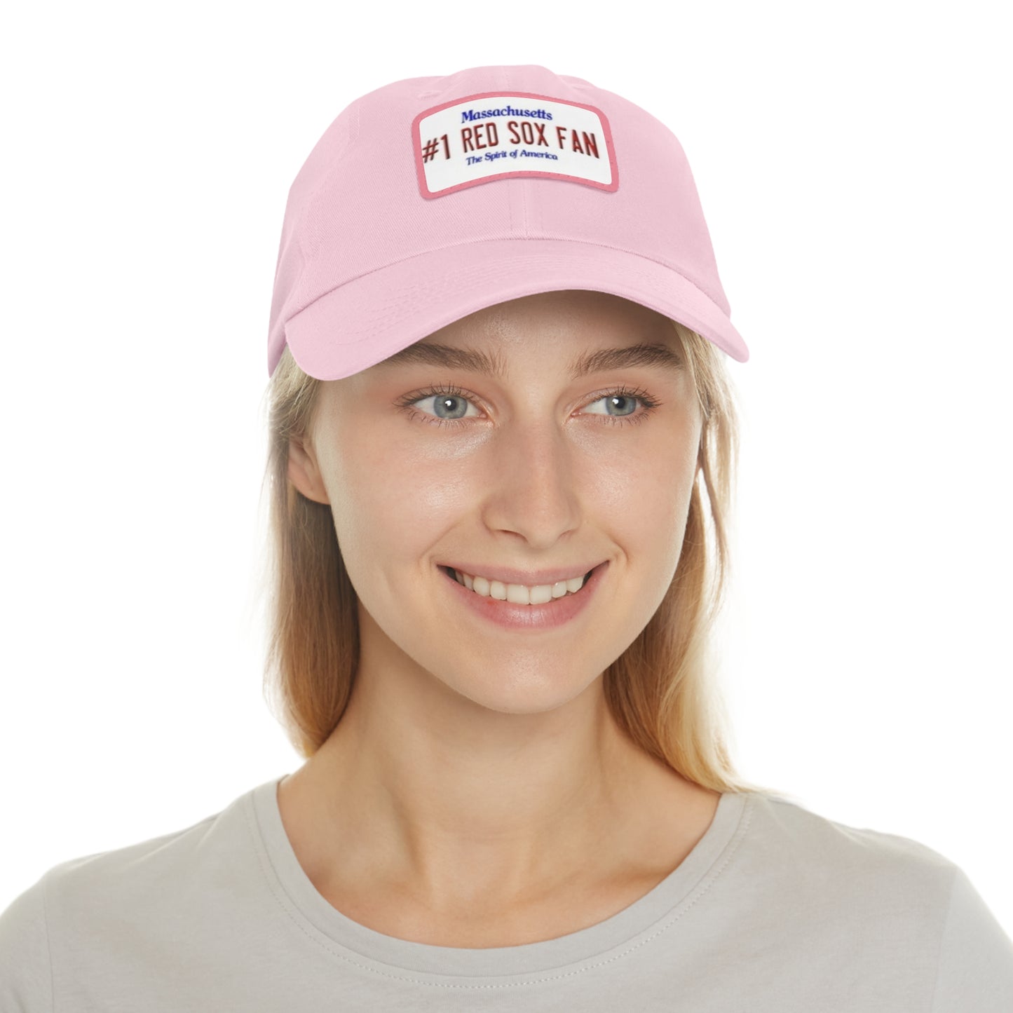 Girl Wearing Pink #1 Red Sox Fan Baseball Cap with Rectangular Leather Patch