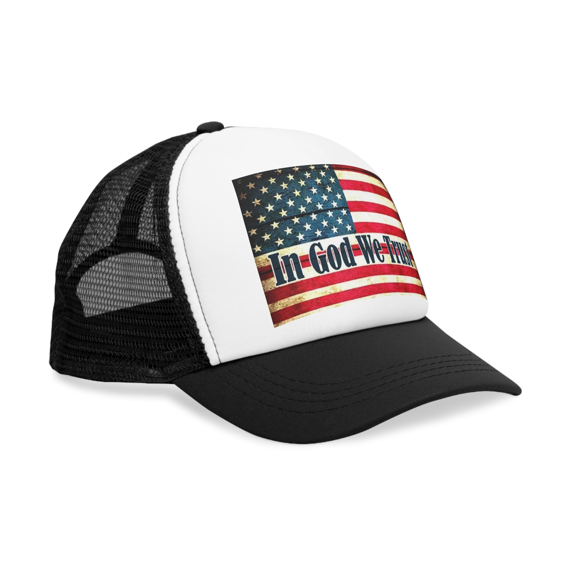 Side View In GOD We Trust On American Flag Mesh Ball Cap