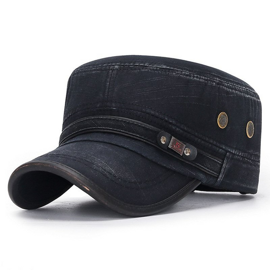 FS Fashion Flat-top Leather-trimmed Vintage Cotton Hat Adjustable Black