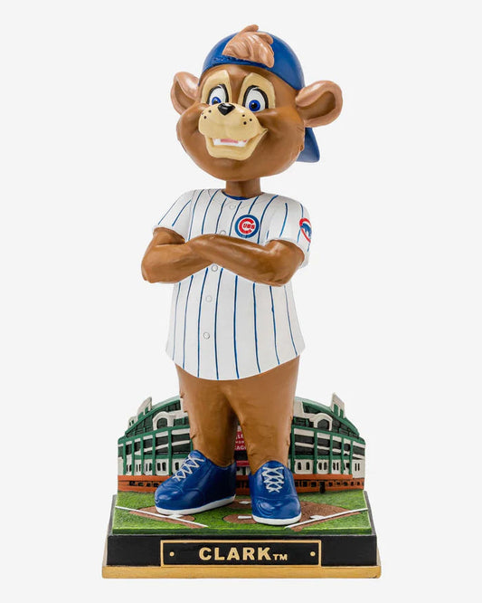 Bobblehead figure of Chicago Cubs Mascot baseball player with a stadium in the background