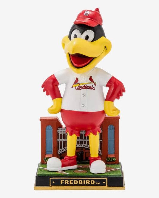 Bobblehead figure of a mascot in a baseball uniform with 'Cardinals' on a white background