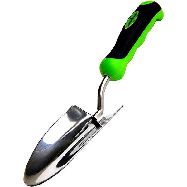 Gardening trowel with green handle on a white background