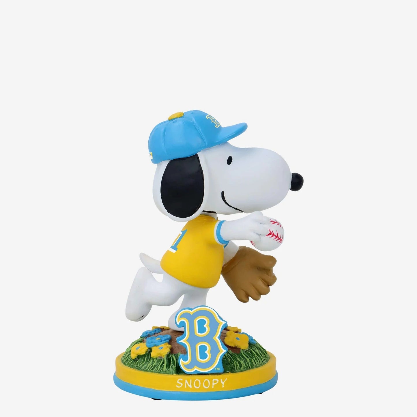 Snoopy figurine in a baseball uniform with a blue cap and yellow jersey, holding a baseball.