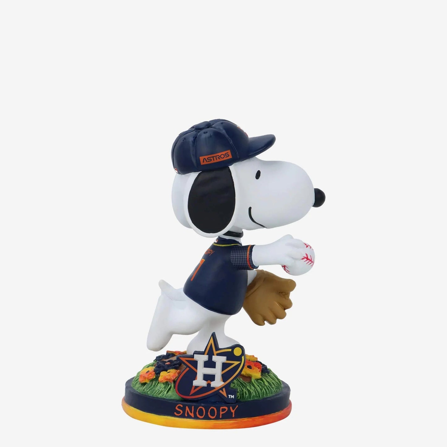 Snoopy figurine in a baseball uniform with a cap and glove on a white background