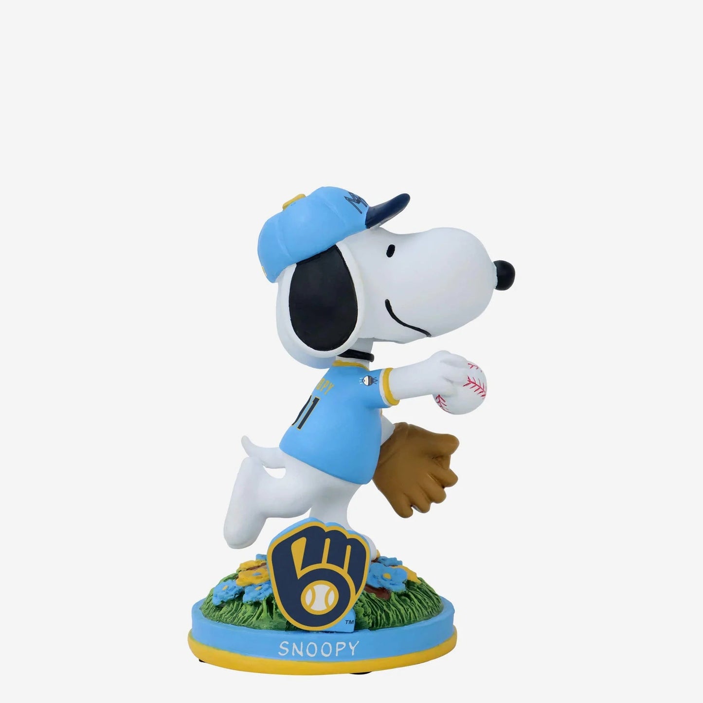 Snoopy figurine in a baseball uniform with a glove and ball on a white background