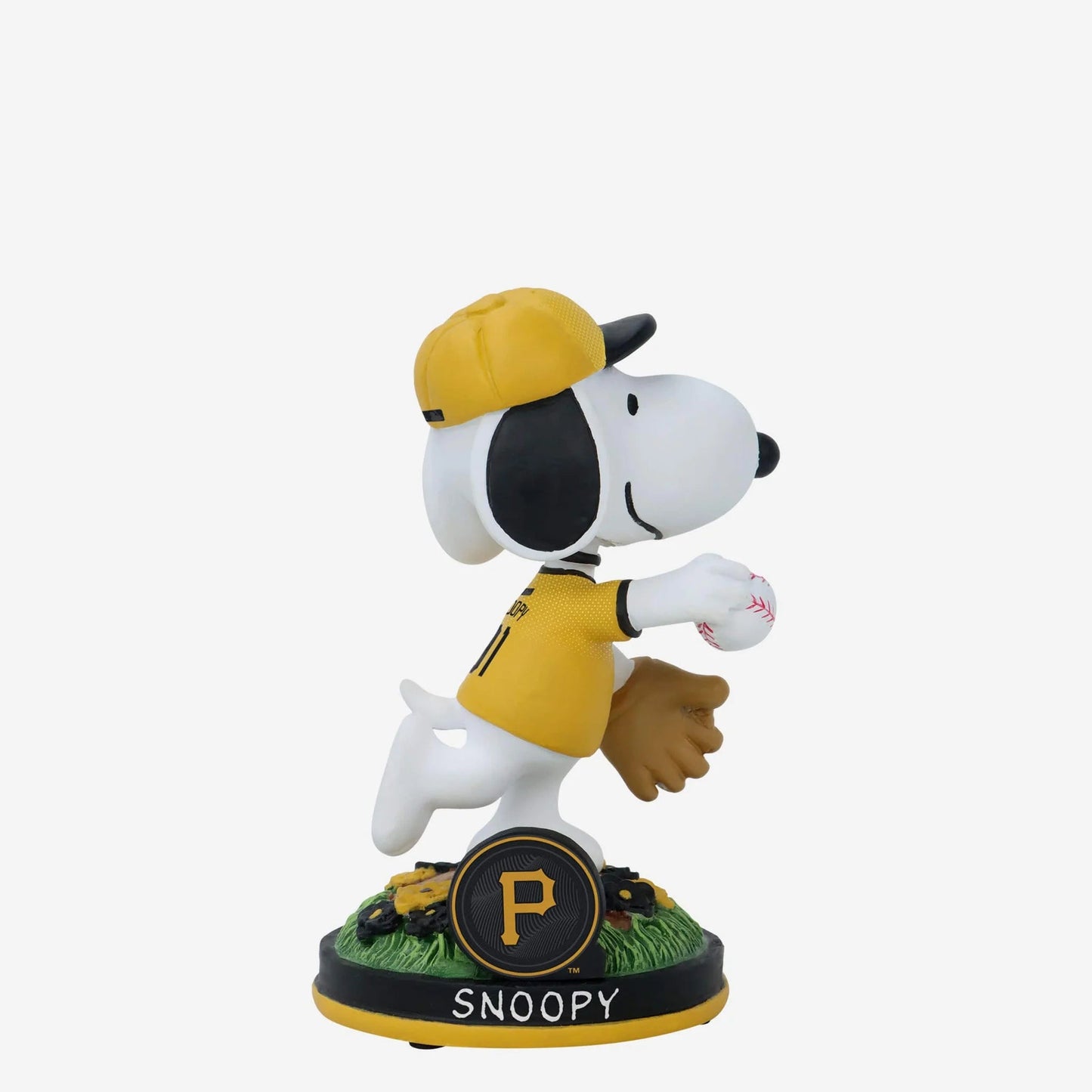 Snoopy figurine in a baseball uniform with a yellow cap and jersey on a white background