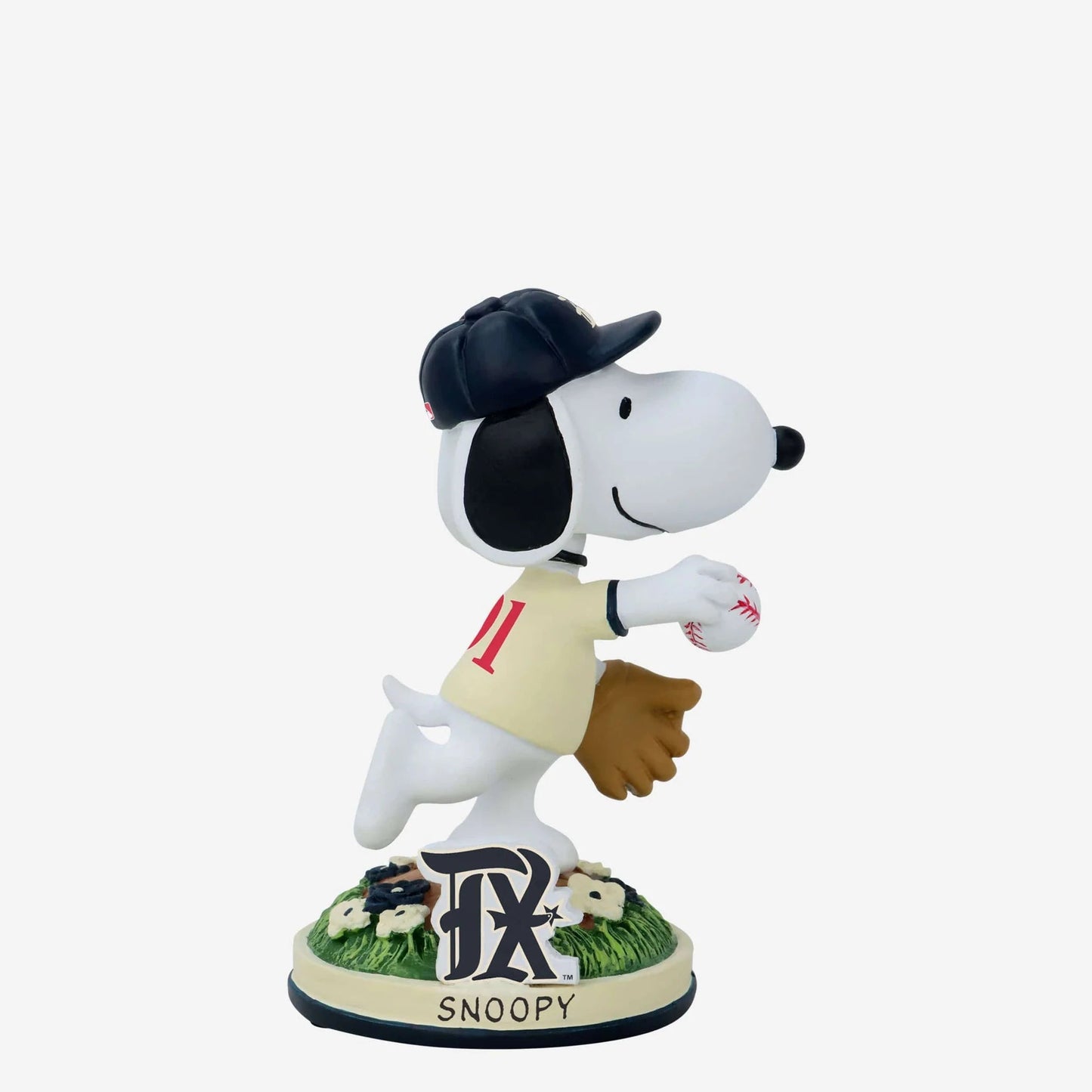 Snoopy figurine in a baseball uniform with a cap and glove on a white background