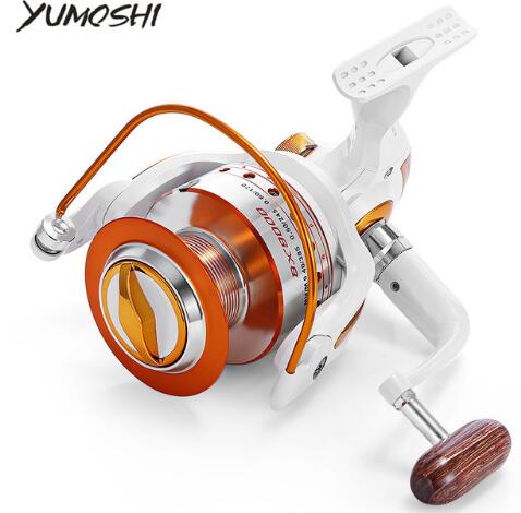 Fishing reel with orange and silver design on a white background, featuring the brand 'YUMOSHI'.