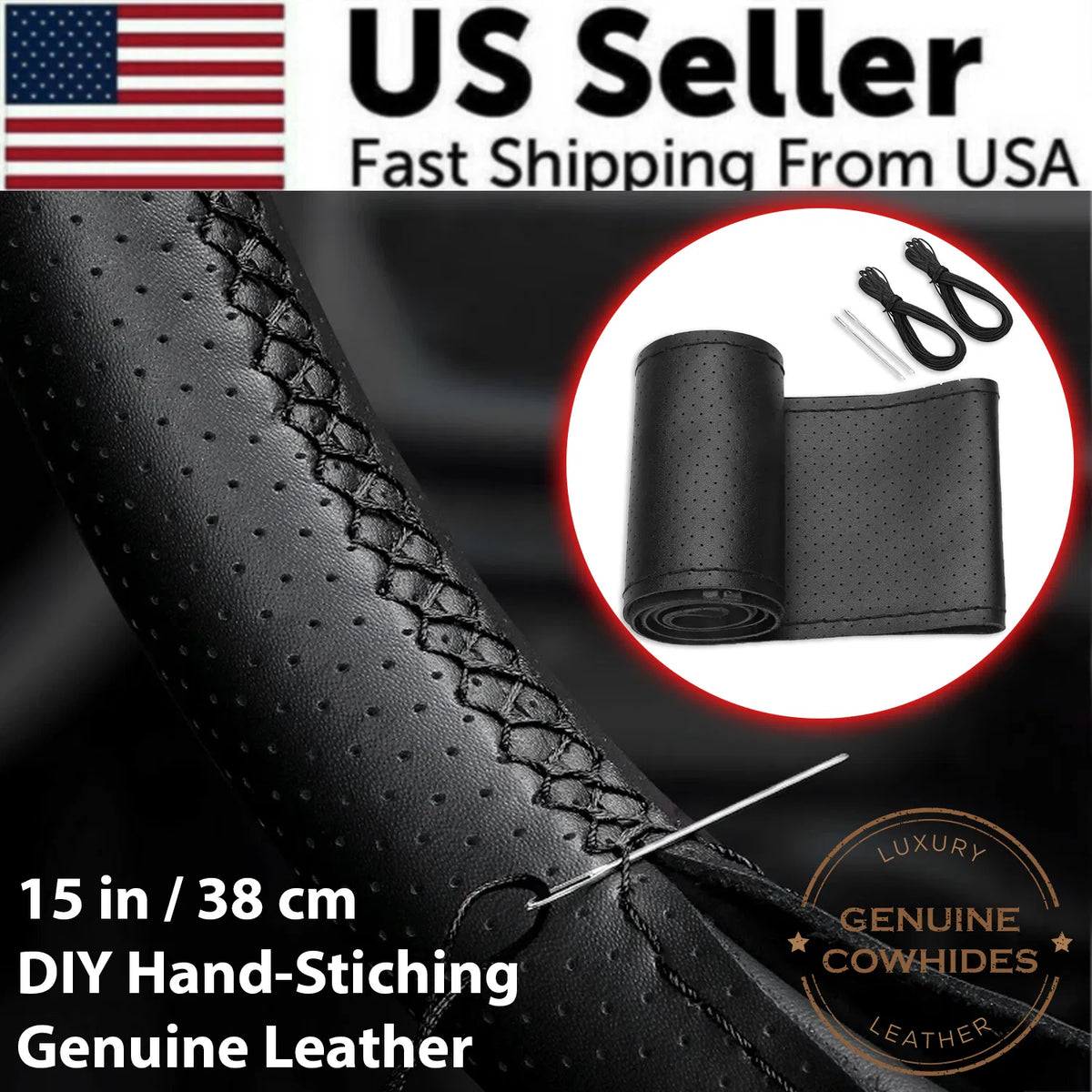 Black leather roll with stitching tools on a dark background, featuring text about US seller, fast shipping, and genuine leather.