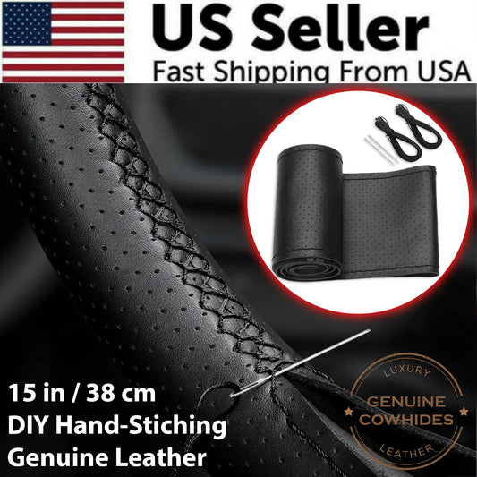 Black leather roll with stitching tools on a dark background, featuring text about US seller, fast shipping, and genuine leather.