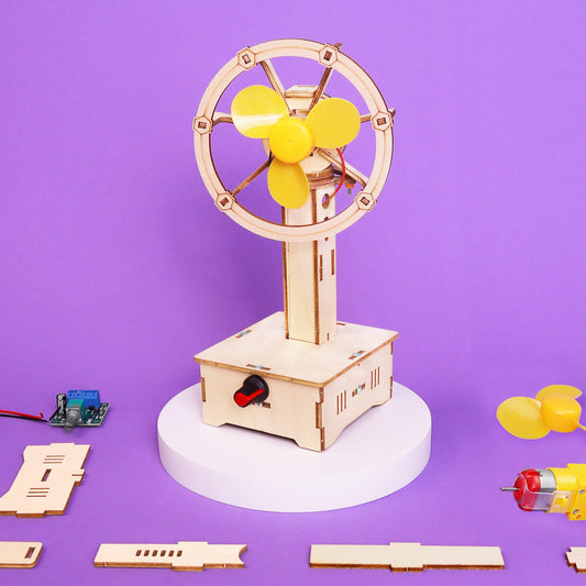  DIY Kit Wooden model of a windmill with yellow blades on a purple background
