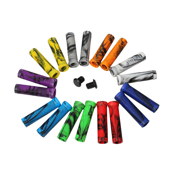 Colorful bicycle handlebar grips arranged in a circular pattern on a white background
