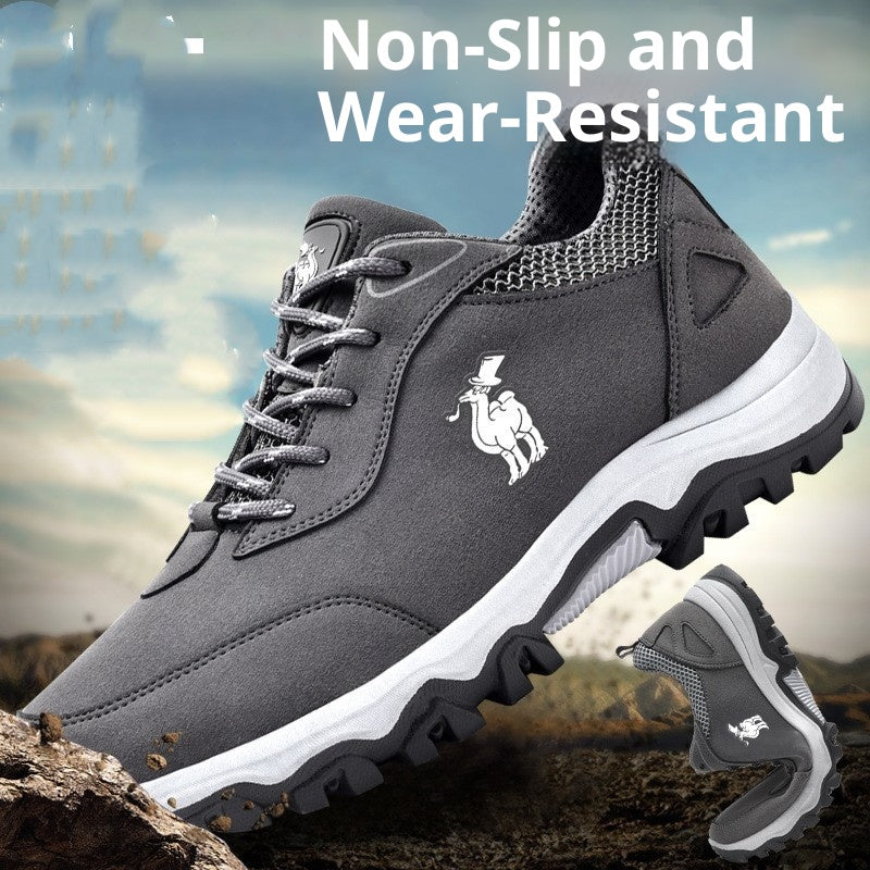 Gray hiking boots with a brand logo on a natural background, emphasizing non-slip and wear-resistant features.