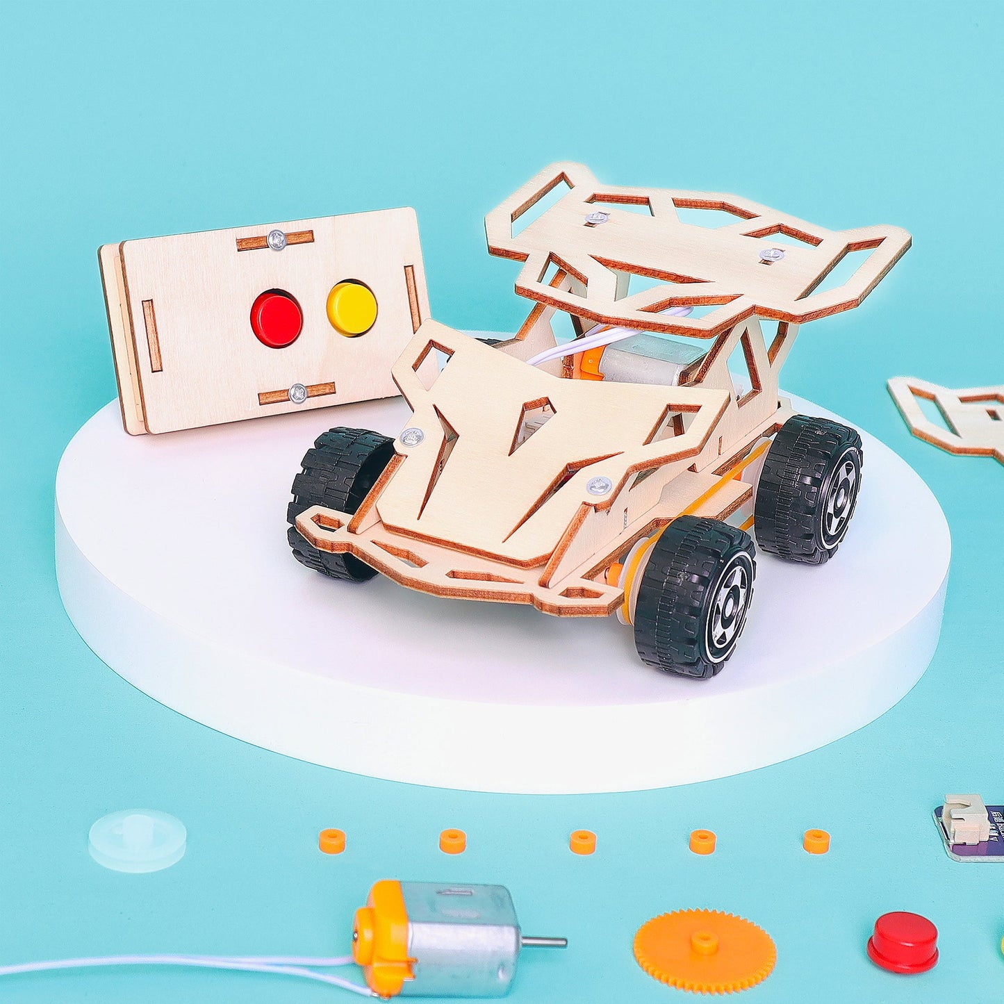 Wooden infrared toy car kit with control panel on a blue background
