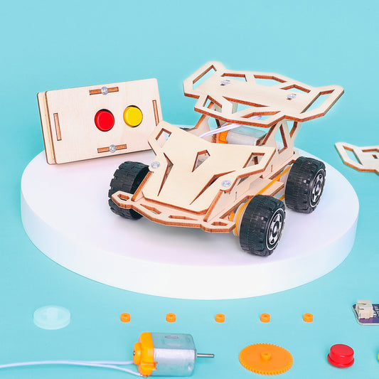 Wooden infrared toy car kit with control panel on a blue background