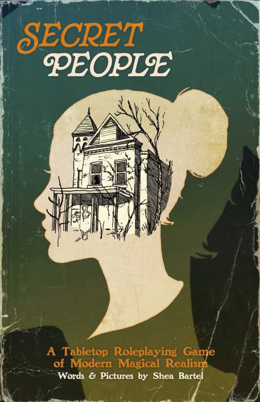 Book cover of 'Secret People' with a silhouette of a person and a treehouse illustration.