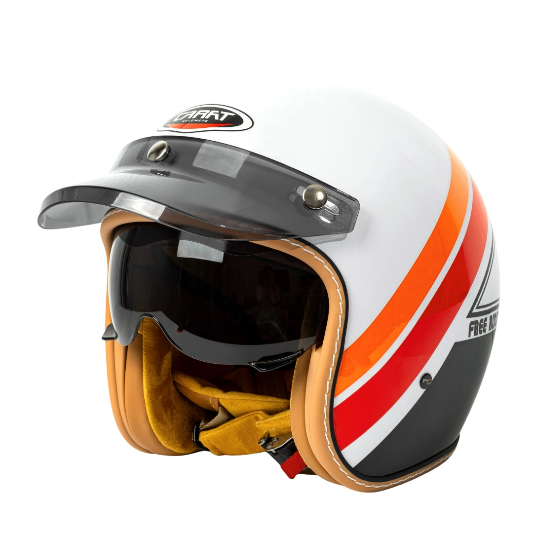 Motorcycle helmet with visor and orange and black stripes on a white background
