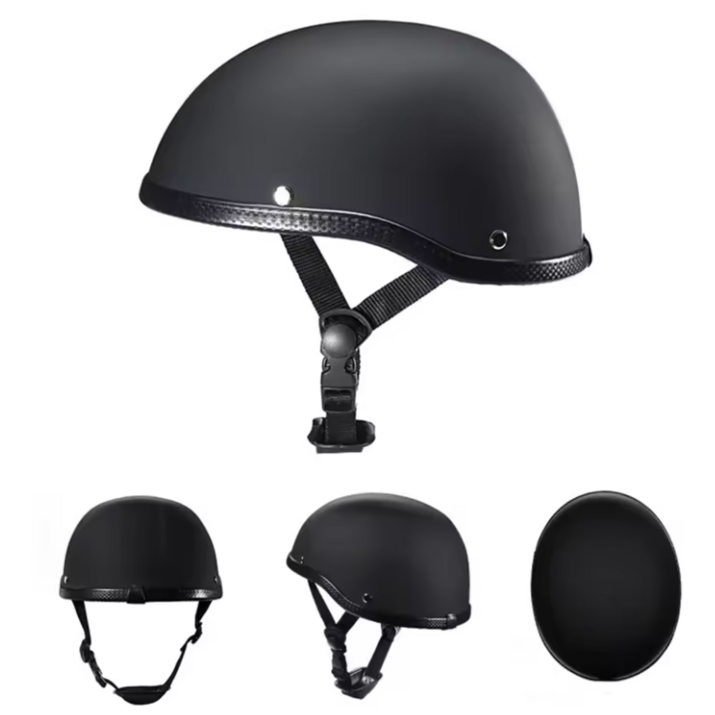 Black motorcycle helmet with various views on a white background