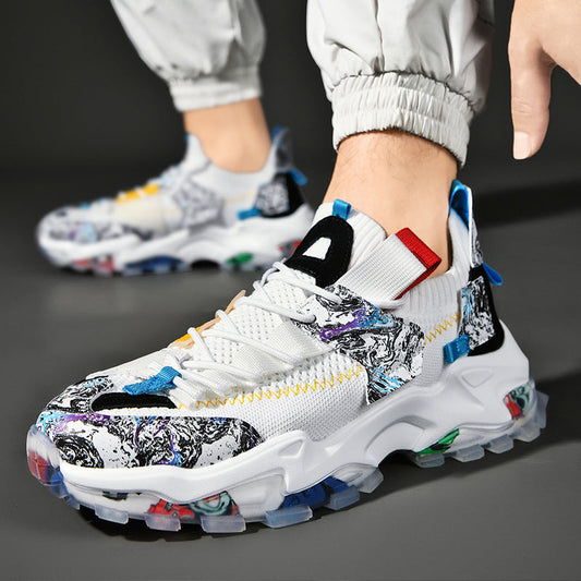 Colorful sneakers with a patterned design on a dark background