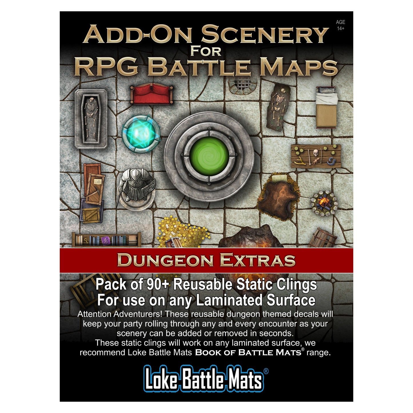 Packaging for Dungeon Extras reusable static clings for RPG battle maps by Lake Battle Mats.