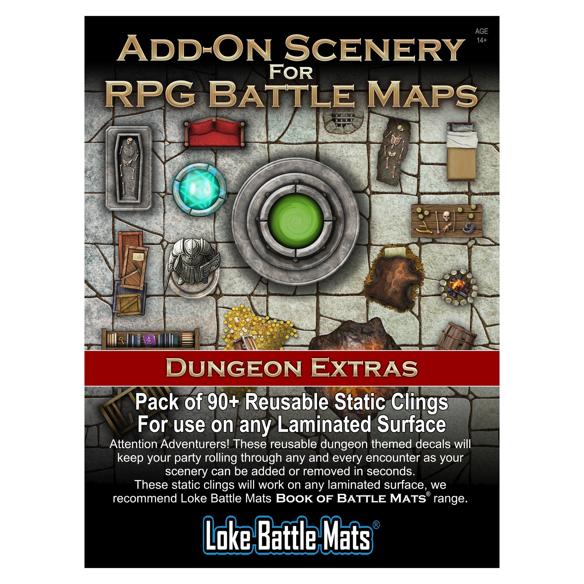 Packaging for Dungeon Extras reusable static clings for RPG battle maps by Lake Battle Mats.