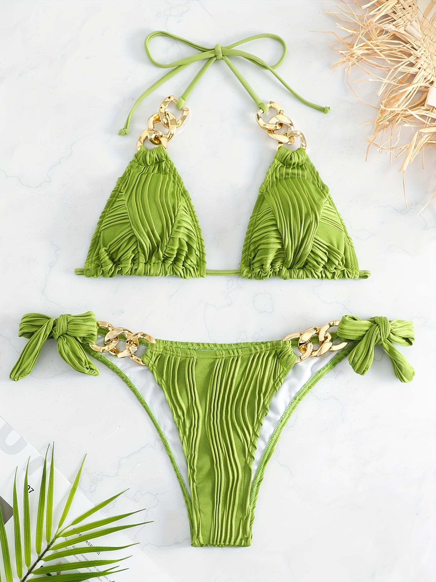 Bikini Ruched Texture Golden Chain 2 Piece Triangle Swimsuit for Women – Striped Halter Bikini Set with Bow Tie Side and Elegant Ring Link Detail – Stretchy Beachwear for Pool Bathing and Summer Vacations