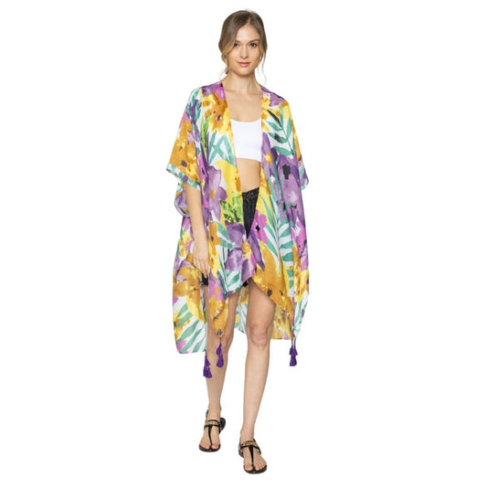 Purple Floral Watercolor Tassel Kimono