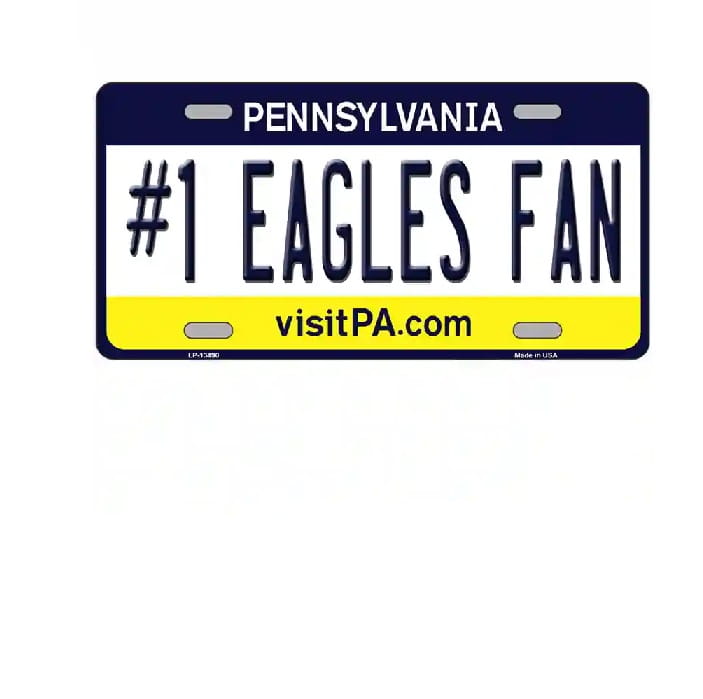 Pennsylvania license plate with '#1 Eagles Fan' text on a white background
