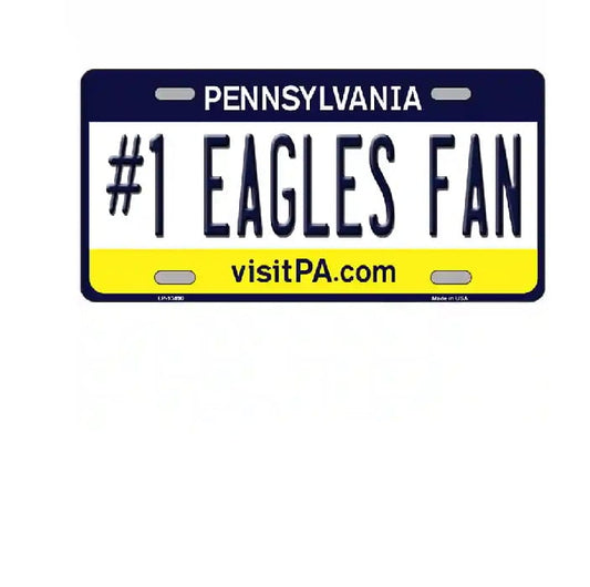 Pennsylvania license plate with '#1 Eagles Fan' text on a white background