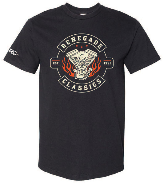 Black crew neck t-shirt with 'Renegade Classics' graphic print in the center, featuring a engine and flame design.