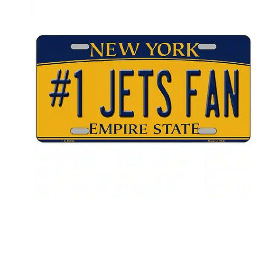 License plate with '#1 Jets Fan' text on a yellow and blue background