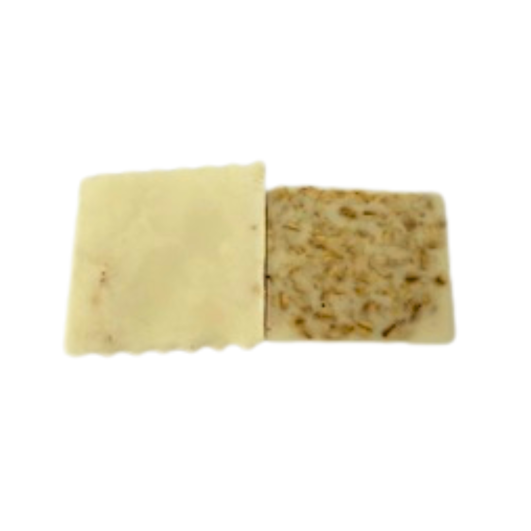 Oatmeal Soap Bars, one plain and one with visible seeds, on a white background