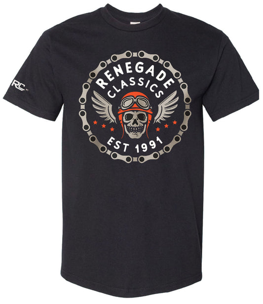Black crew neck t-shirt with a front print of a skull and wings design, and the text 'RENEGADE CLASSICS EST 1991'.