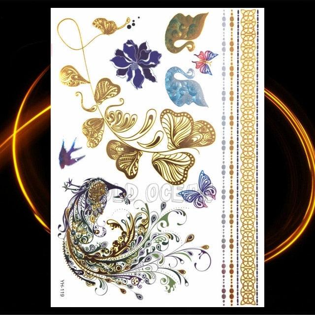 1PC Gold Chain Bracelet Tattoo Sticker Summer Style Fake Jewelry Temporary Tattoo Waterproof Gold Sliver Glitter Body Face Tattoo For Womens