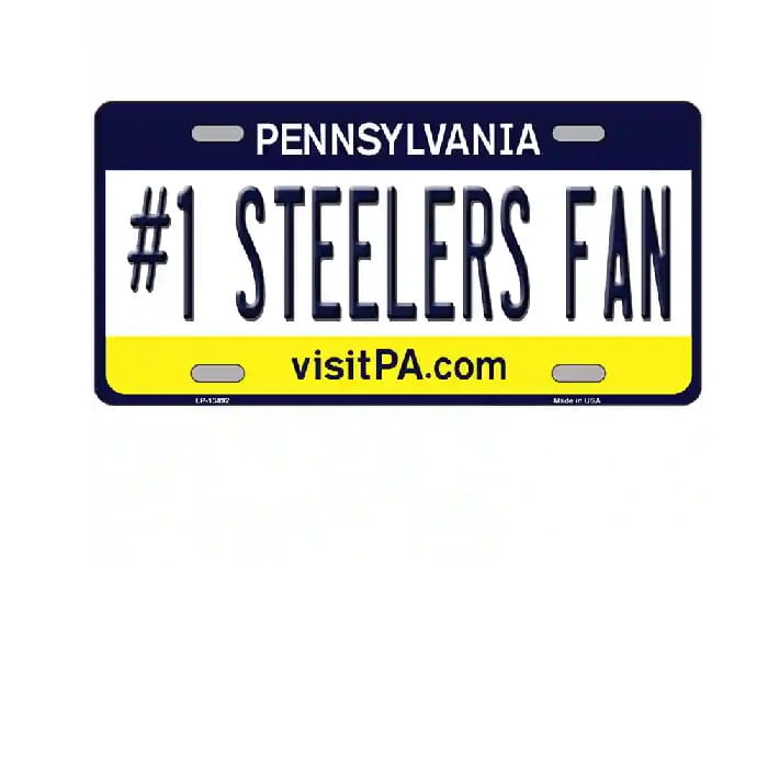 Pennsylvania license plate with '#1 Steelers Fan' text on a white background